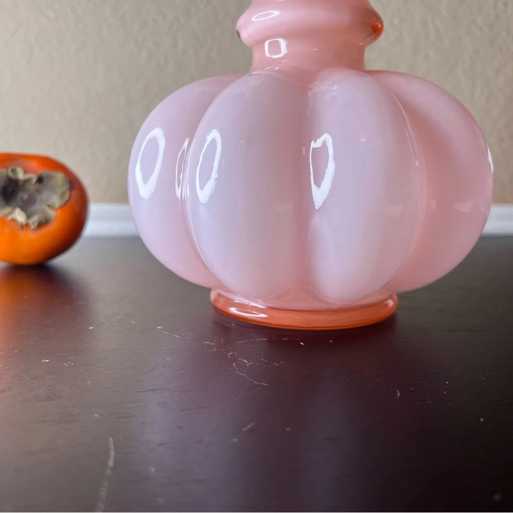 Vintage Fenton Art Glass 8” Dusty Rose Pink Overlay Melon Vase w Double Crimped